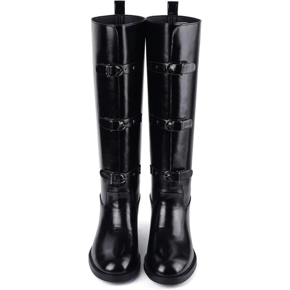 Women's C-black Round Toe Wide Calf Chunky Low Heel Pull Knee High Boots Rubber